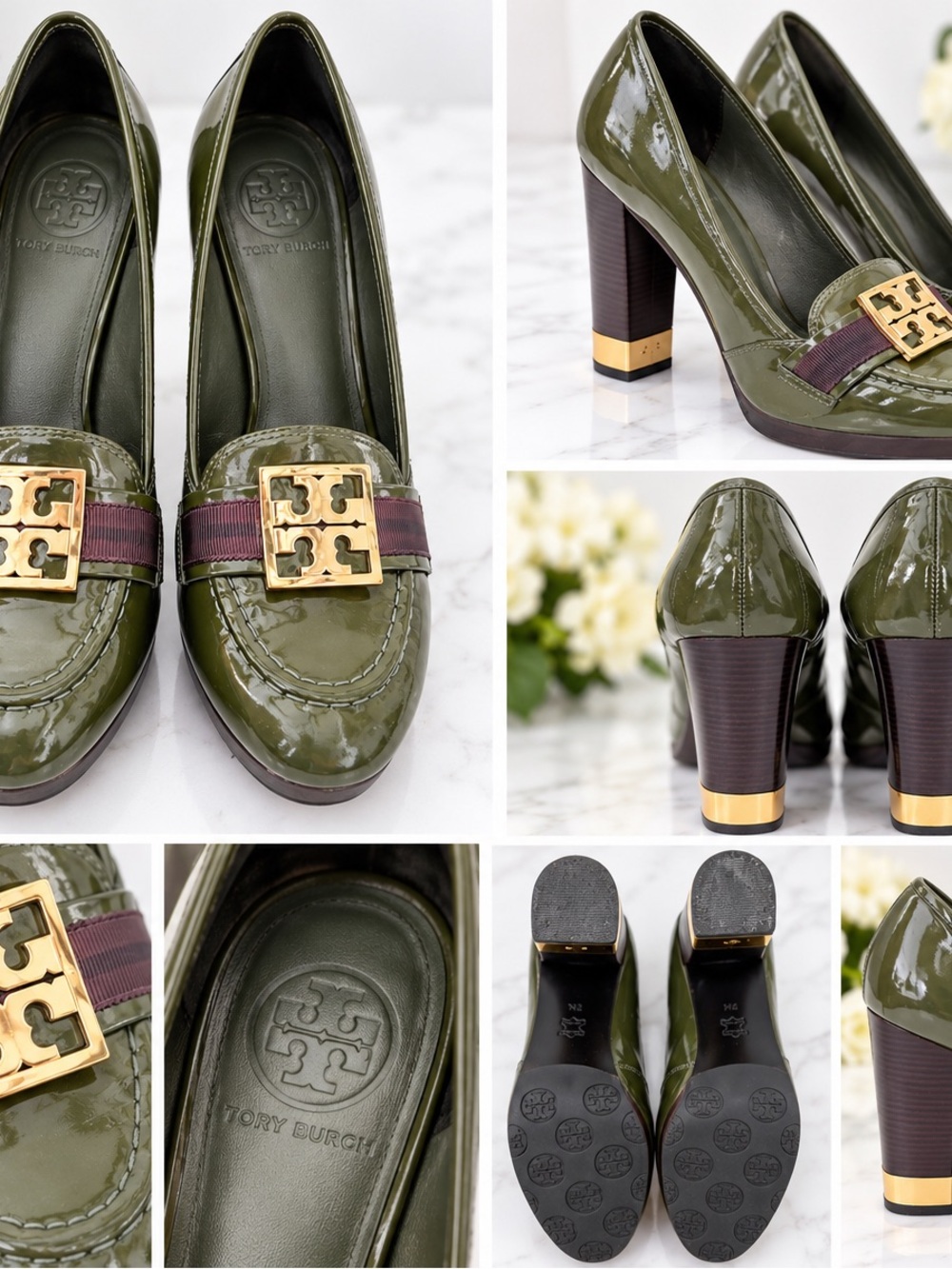 Tory Burch Olive Patent Leather Block Heel Loafers with Gold Buckle
